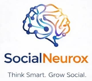 SocialNeurox logo: a brain drawn as a network, the SocialNeurox wordmark and the line Think Smart. Grow Social.