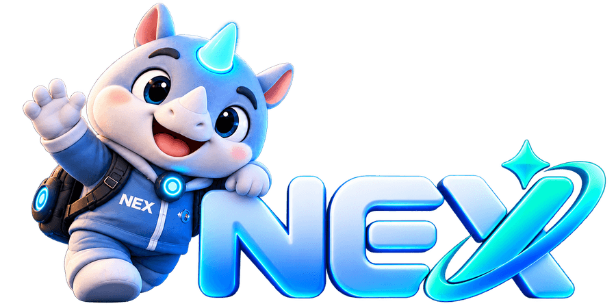 NEX: a small blue rhino in a hoodie with a glowing horn, waving beside the NEX wordmark.