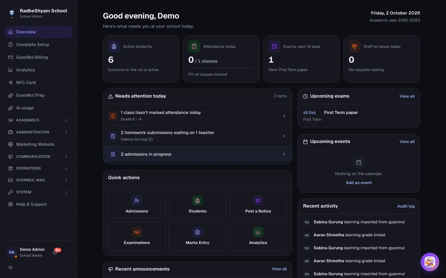 The GyanMul school admin dashboard: today's attendance, upcoming exams, items needing attention and quick actions.